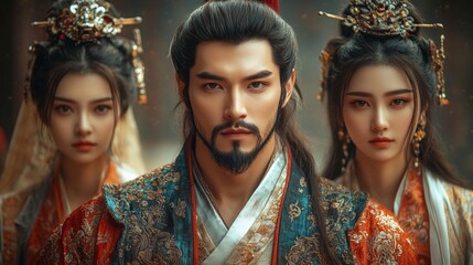 Image depicts three individuals in elaborate, traditional clothing and ornate headdresses, with the central figure appearing authoritative