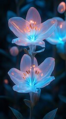 Two bioluminescent flowers glow in vibrant blue and orange hues against a dark background, creating a mesmerizing and ethereal scene