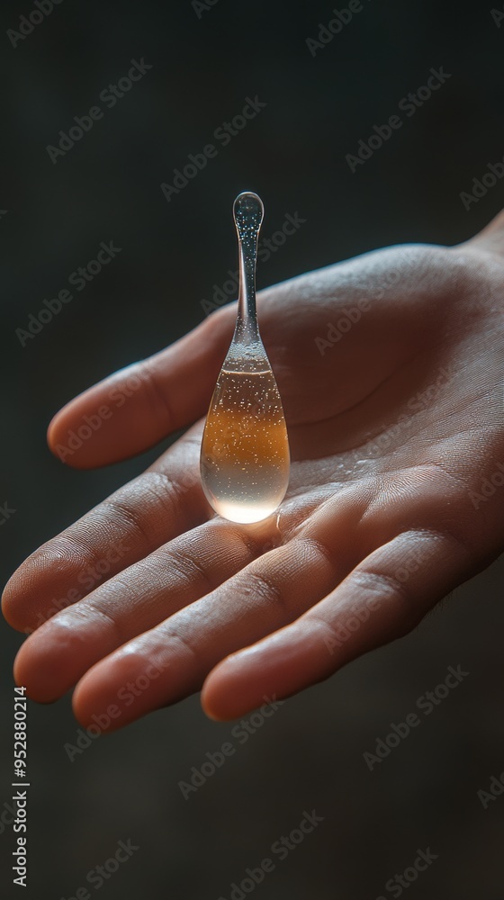 Poster hand is holding a clear, teardrop-shaped object with small bubbles inside, creating a visually intri