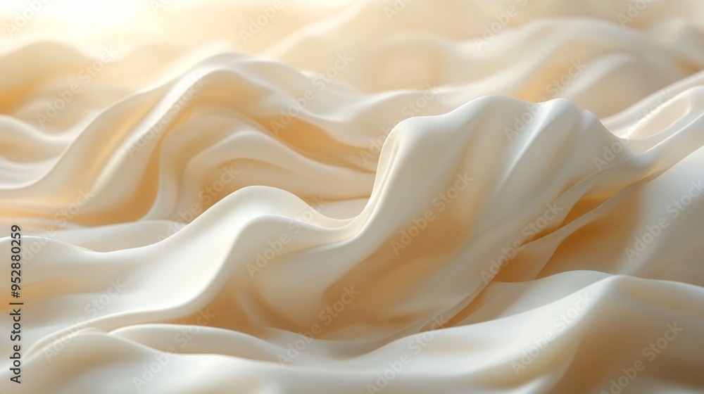 Poster close-up of light, creamy-colored fabric with smooth, flowing textures, creating a soft and wavy app