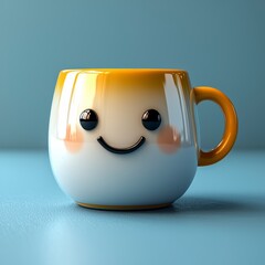 A coffee cup with a smiley face on a blue background embodies the concept of a happy morning