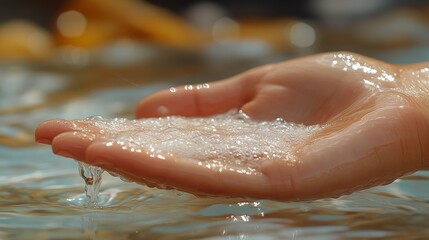 Fototapeta premium Hand is cupping clear water, with light reflecting off both the water and the skin, creating a serene scene