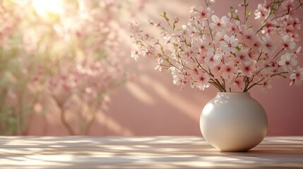 White vase filled with blooming pink flowers sits on a sunlit wooden table, with blurred blossoms in the background