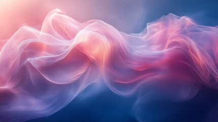 This image shows an abstract, ethereal swirl of pink and purple hues resembling delicate, flowing silk against a soft blue background