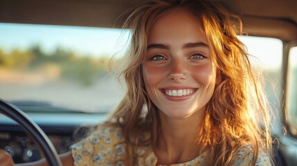 Young woman with long hair and a bright smile, sitting inside a car on a sunny day