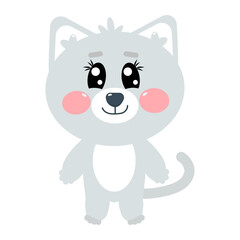 Cute grey kawaii little cat, kitten  in full height on white isolated background for kids. Happy fun full length kawaii pet