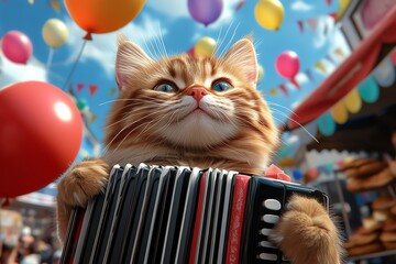 Cat musician playing an accordion during a festive street fair, illustrated in a colorful scene where the cat entertains passersby with lively tunes, surrounded by food stalls, balloons, and