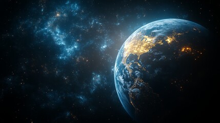 Fototapeta premium Stunning view of Earth from space, showing illuminated cities, continents, and a vast expanse of stars and galaxies nearby
