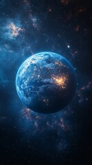 Obraz premium Planet in space with glowing lights on its surface, surrounded by numerous stars and cosmic clouds
