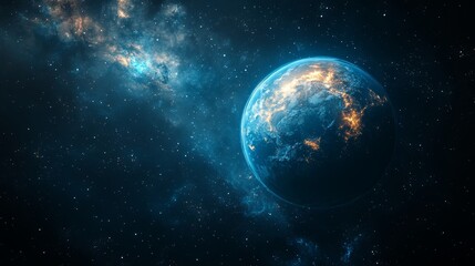 Fototapeta premium Vividly illuminated planet floats in the vast expanse of space, surrounded by a stunning galaxy of stars and nebulae