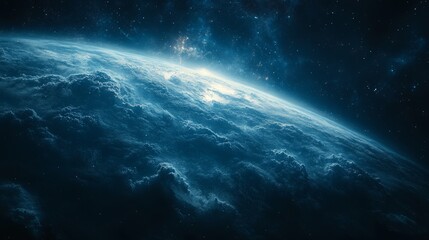 Stunning view of the Earth from space with an expanse of clouds, stars, and a glowing horizon