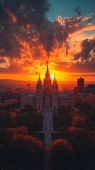 Majestic cathedral stands silhouetted against a dramatic sunset sky, surrounded by lush trees and a serene urban landscape