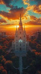 Majestic, tall building with spires stands illuminated by a beautiful sunset, surrounded by trees and cityscape in autumn
