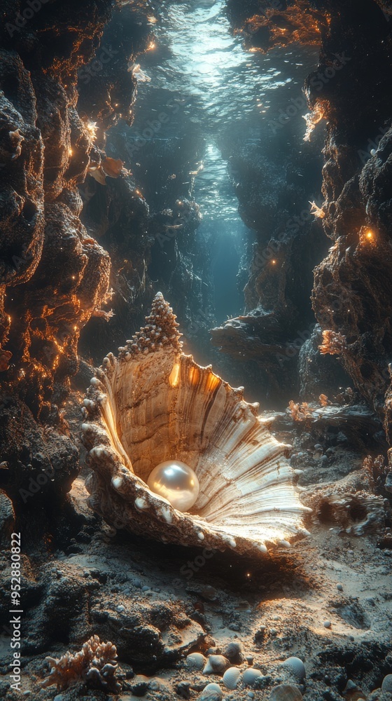 Poster underwater scene with a large open seashell containing a pearl, illuminated by beams of sunlight fil