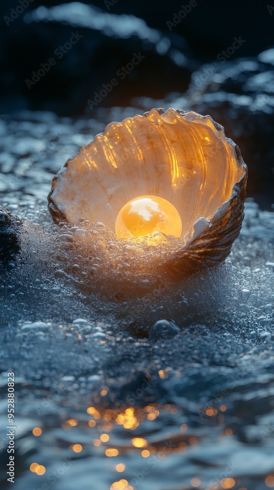 Poster glowing pearl nestled inside a seashell illuminates the surrounding frothy water, creating a magical