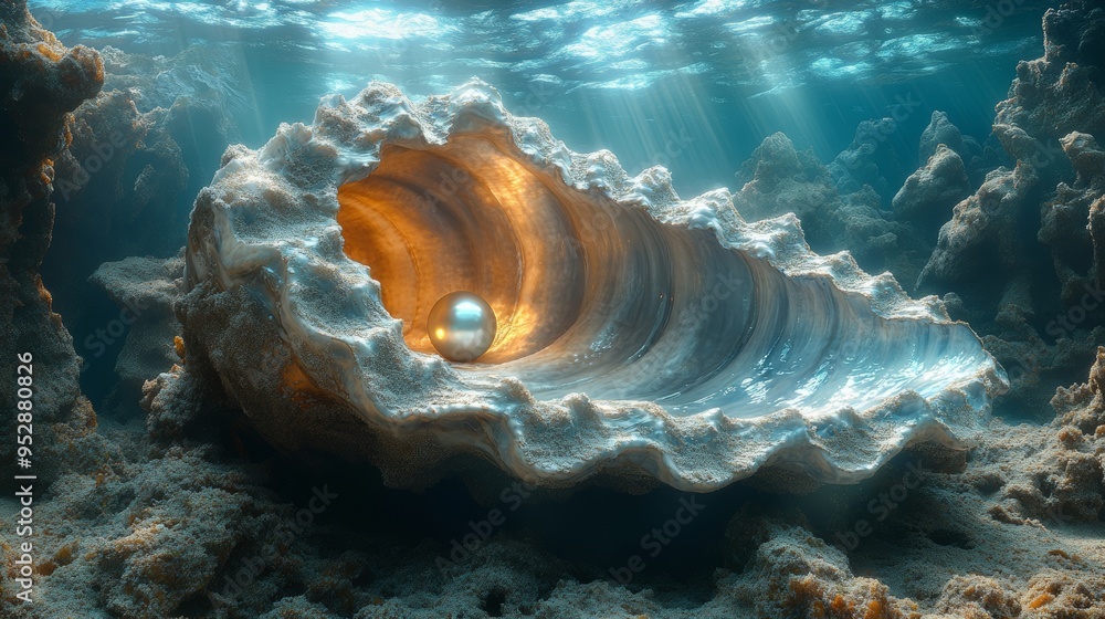 Aufkleber underwater scene featuring a large open seashell with a glowing pearl inside, surrounded by rocky se