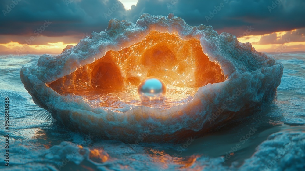 Poster glowing, ethereal pearl rests within an open shell-like structure amidst turbulent ocean waves under
