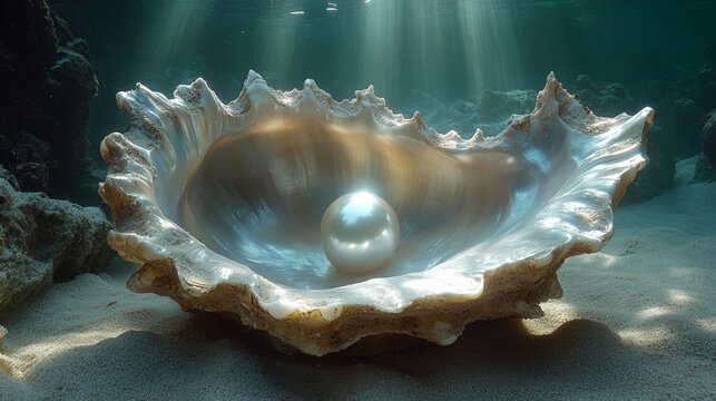 Open giant clam shell resting on the ocean floor reveals a large, luminous pearl bathed in sunlight rays