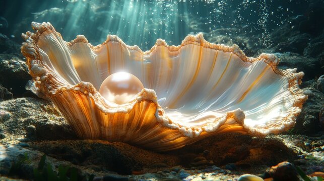 Underwater scene featuring an open clam shell resting on the ocean floor with a large pearl inside it