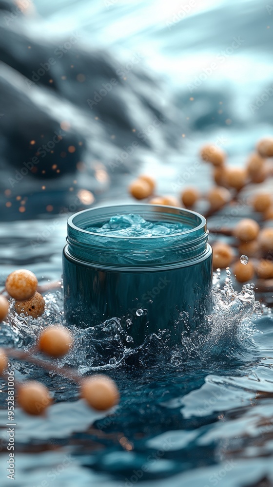 Poster blue jar with water inside is splashing in a watery environment, surrounded by small brown spherical