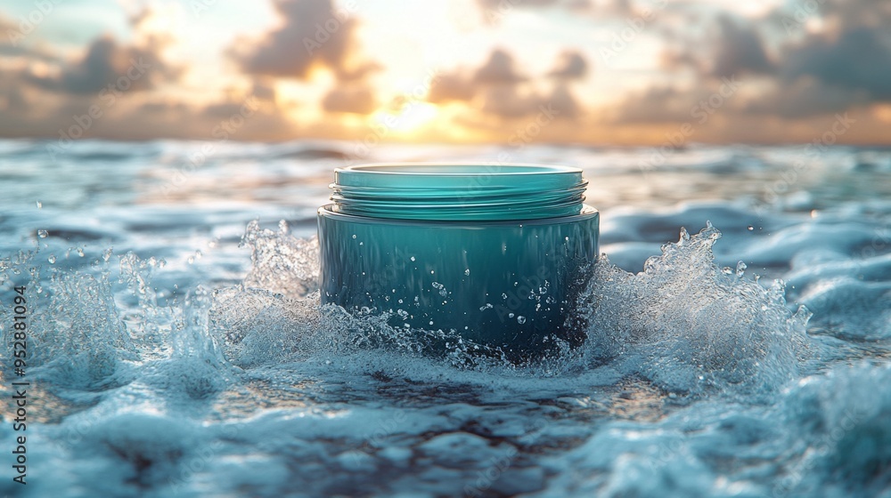 Aufkleber teal jar sits in splashing waves with a beautiful sunset in the background under a sky filled with c