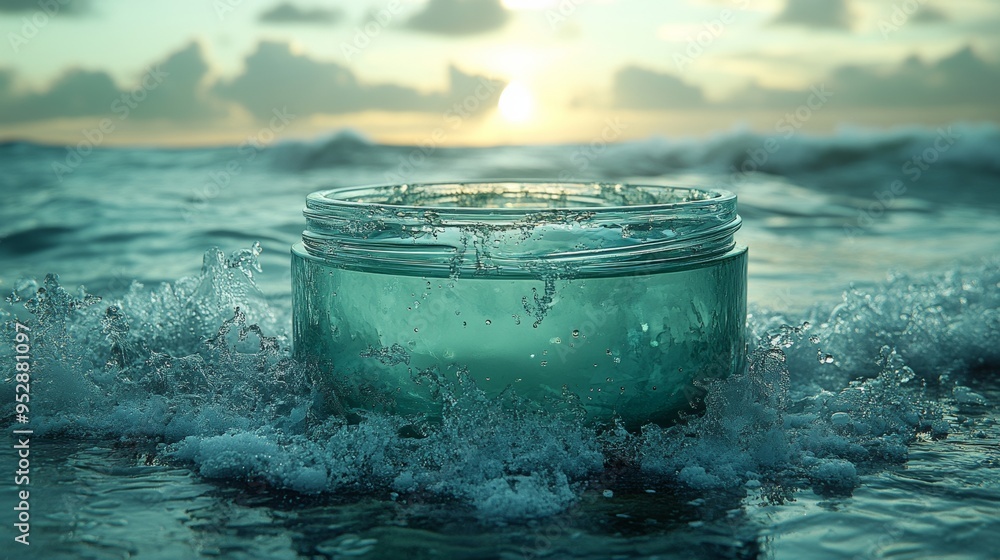 Poster glass container is floating partially submerged in the ocean, with waves splashing around it during 