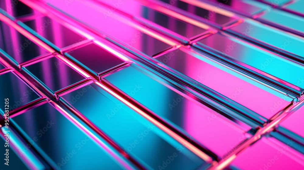 Poster glistening rectangular bars with vivid blue and pink neon reflections are coming together to form a 