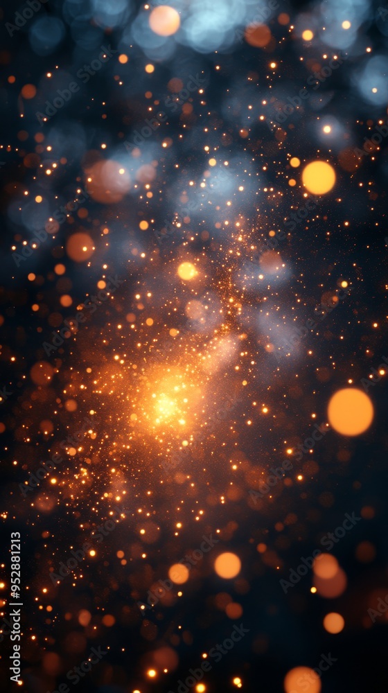 Poster image consists of a mesmerizing display of orange and blue bokeh lights, creating a cosmic or festiv