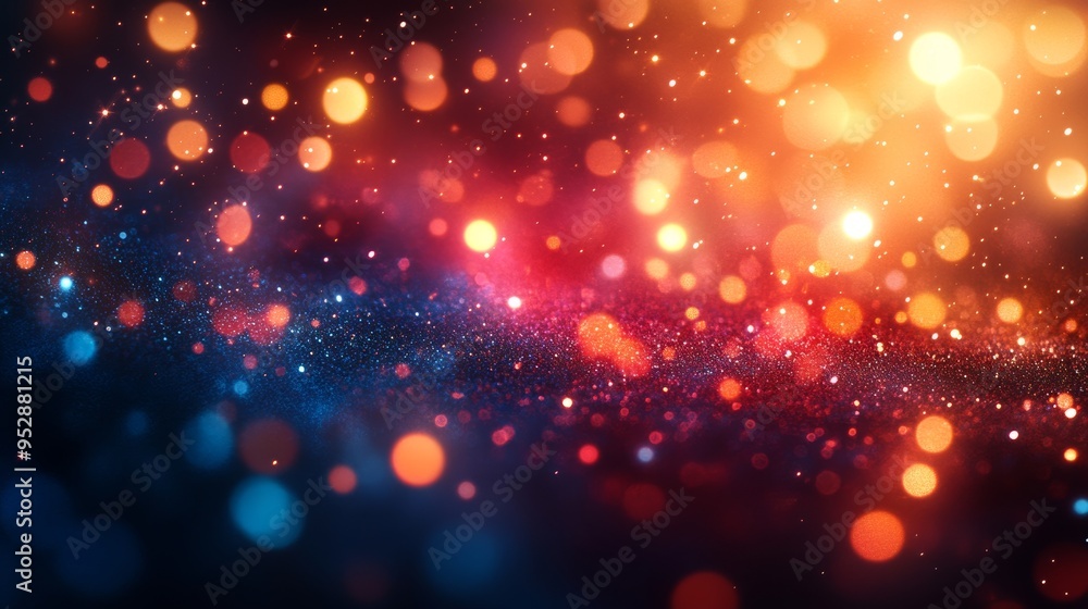 Poster image portrays a vibrant display of colorful bokeh lights and particles against a dark background, c