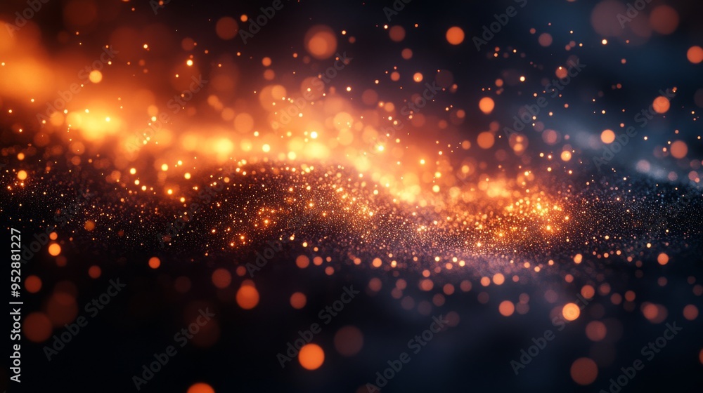 Poster mesmerizing array of glowing orange particles against a dark background, creating a dynamic, glitter