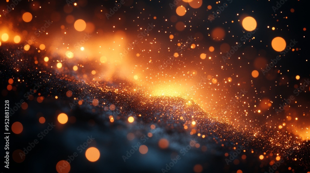 Poster this image features a mesmerizing scene of glowing orange particles floating against a dark backgrou