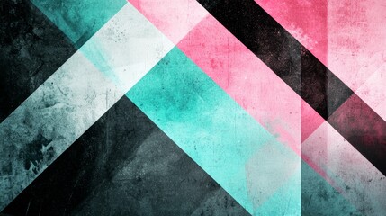 Fototapeta premium Geometric shapes in teal, pink, white, and black are layered on top of one another creating a grunge textured abstract background