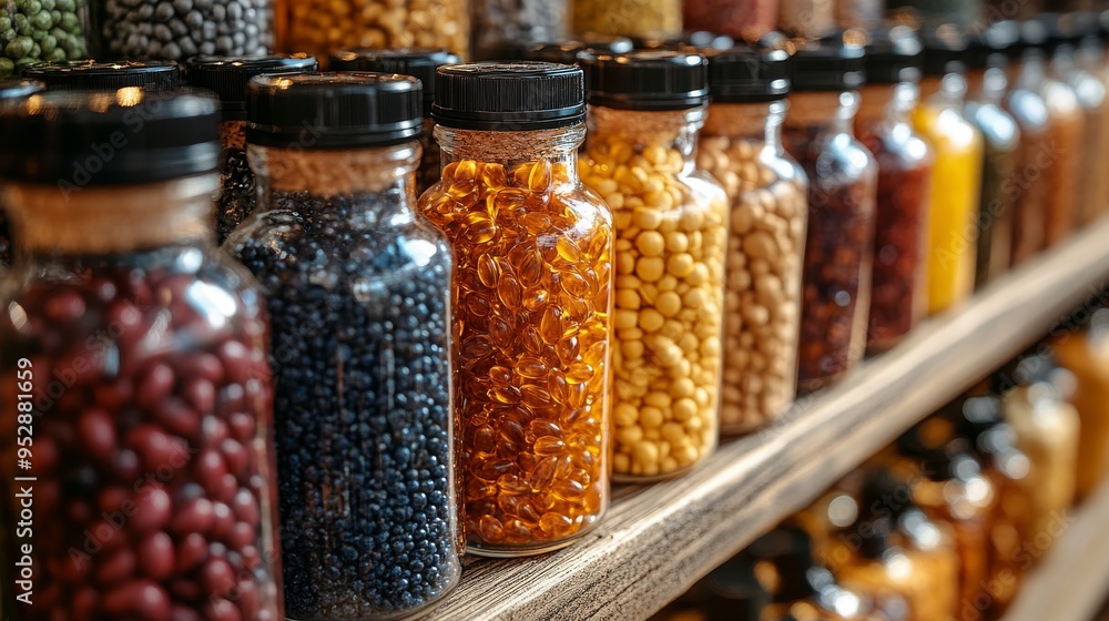 Poster shelf lined with various jars containing different kinds of colorful capsules and tablets, possibly 