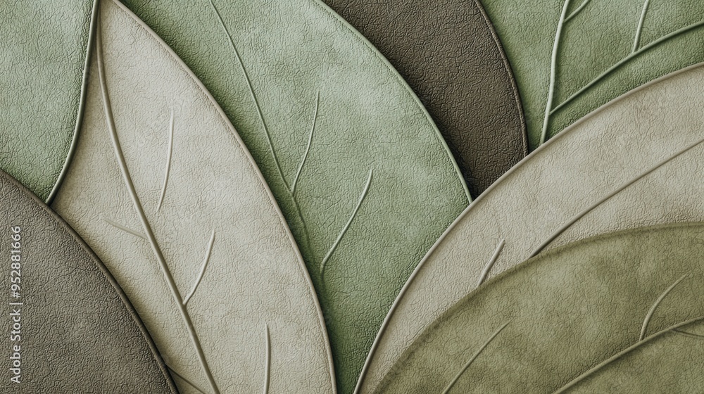 Poster macro photograph showcasing the texture of several overlapping artificial leaves in shades of green 