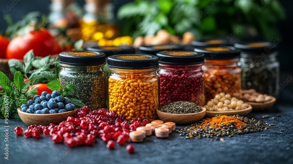 Poster image displays various jars of colorful spices and ingredients with bowls of assorted berries and se