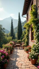 Sunny terrace surrounded by colorful flowers, invites relaxation, offering breathtaking view and cozy spot with table chairs. Terrace adorned with blooming flowers and scenic mountains. Generative AI.