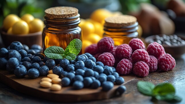 Image shows blueberries, raspberries, honey jars, yellow fruit, mint leaves, and some tablets on a wooden board