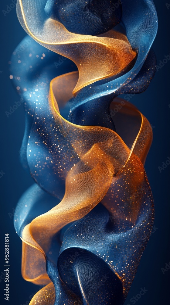 Poster image depicts flowing, intertwining blue and orange ribbons with sparkling particles, creating an et