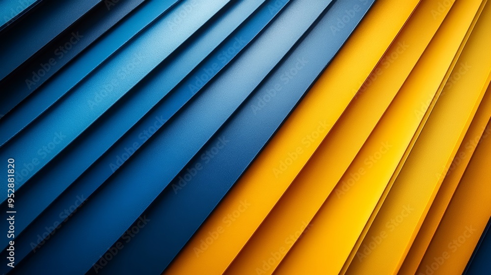 Poster image features overlapping diagonal strips in shades of blue and yellow, creating a modern and abstr