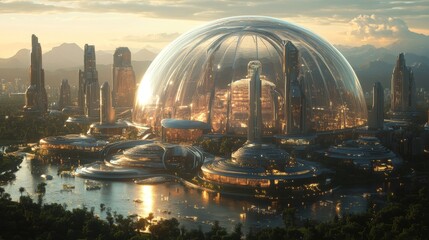 Fototapeta premium Futuristic city with towering buildings, a large transparent dome, and lush greenery surrounded by water and mountains in the background
