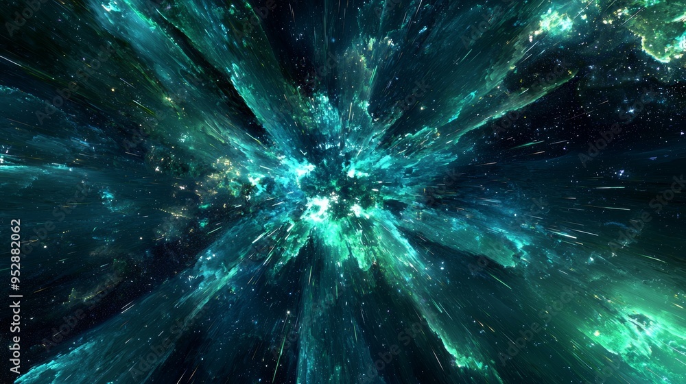 Poster abstract background depicting a hyperspace jump through a green nebula with glowing clouds and stars