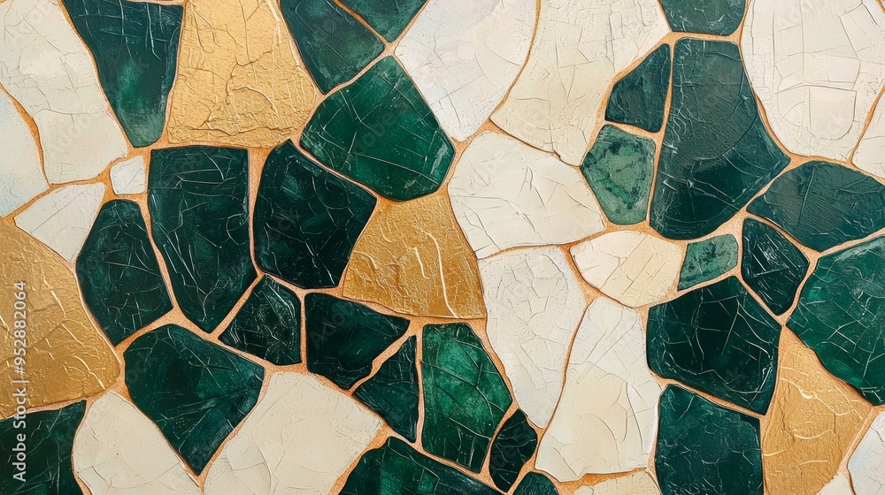 Poster Green, white, and gold tiles are arranged in a random pattern, creating a visually interesting surface. The tiles have a slightly crackled finish, adding to their character