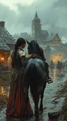 Woman stands beside her horse on a rainy street in a medieval village as people walk in the distance