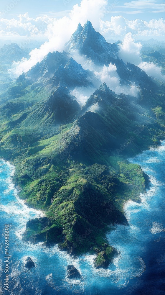 Poster lush, mountainous island surrounded by the ocean, with clouds hovering around the peaks, creating a 