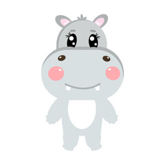 Cute kawaii little hippo, hippopotamus full length for kids
