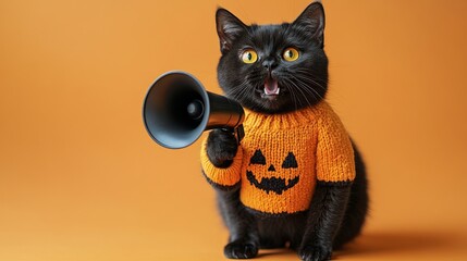 Black cat wearing an orange sweater with a jack-o'-lantern design is holding a megaphone against an orange background