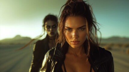 Confident Young Woman Followed by Demon in Desert