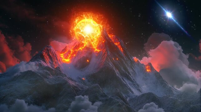 a volcano that erupts at night is very beautiful. seamless looping time-lapse virtual 4k video Animation Background.