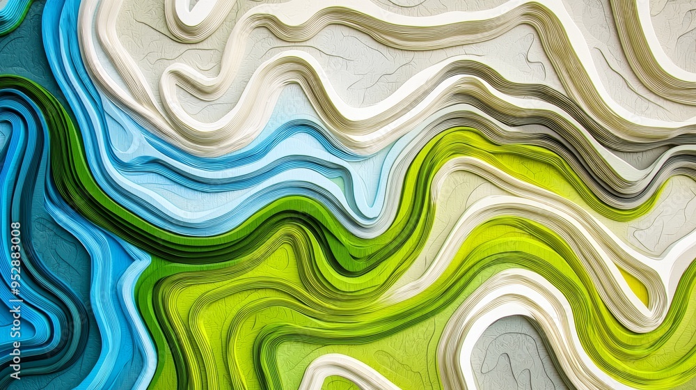 Poster abstract background forming wavy shapes with green and blue lines, creating a sense of depth and mov