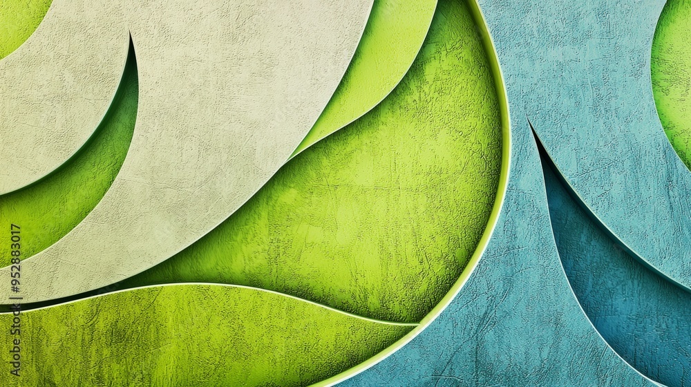 Poster vibrant green and blue textured background with elegant curved shapes overlapping, creating a mesmer